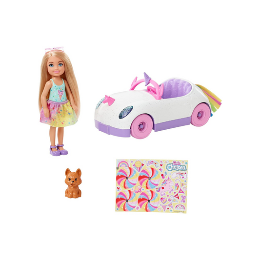 Barbie-Serie Chelsea, Puppe mit Einhorn-Auto, Welpe und Aufklebern, mit Räder, inklusive, Geschenk für Kinder, Spielzeug ab 3 Jahre,GXT41