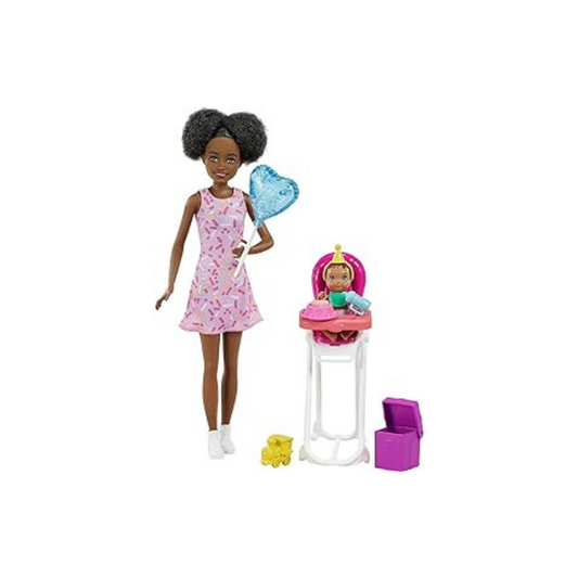 Barbie GRP41 - „Skipper Babysitters Inc." Geburtstag-Spielset mit Babysitter-Puppe & Baby-Puppe (brünett) mit Farbwechseleffekt und Zubehör, für Kinder von 3 bis 7 Jahren